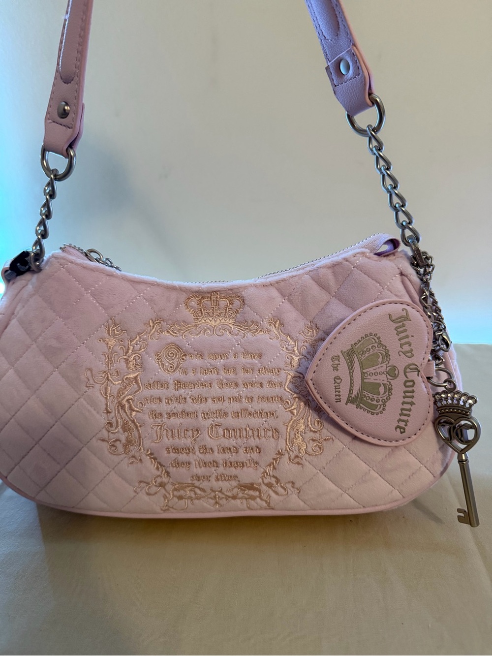 Juicy Couture Light Pink Quilted Shoulder Bag with Crest Embroidery
